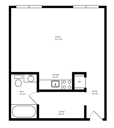 a floor plan of a 1 bedroom floor plan with a bathroom and a living room